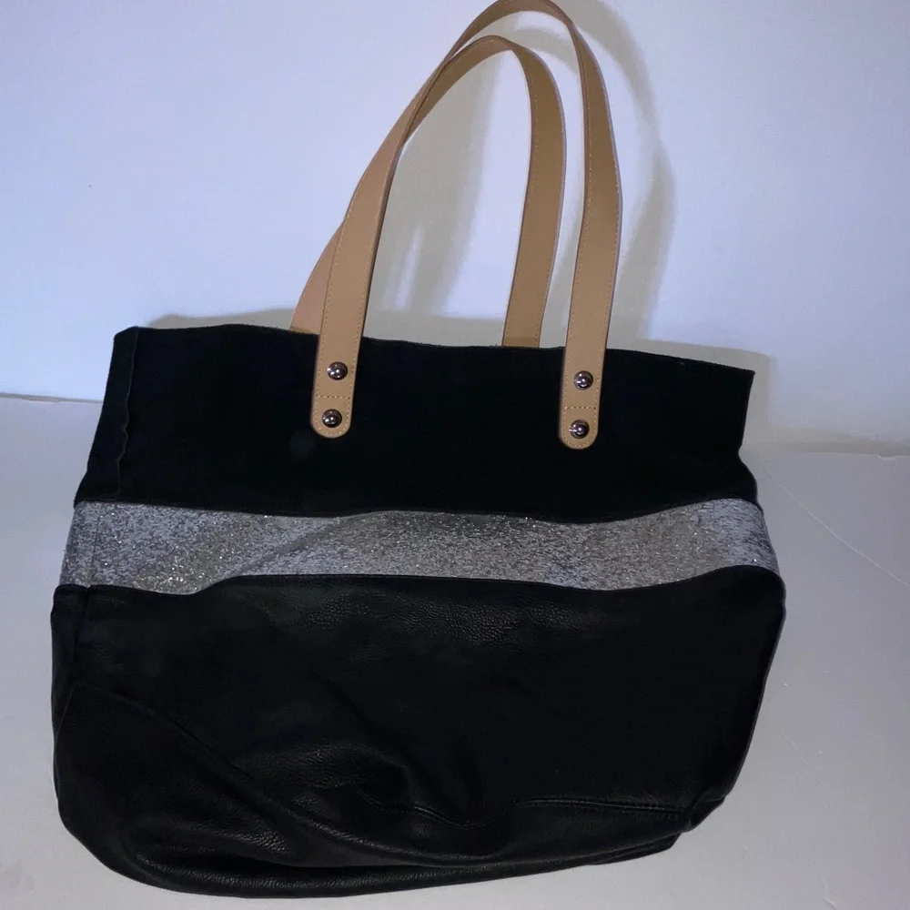 Steve Madden Black Tote with Silver Sparkle Stripe and‎ Tan Handles